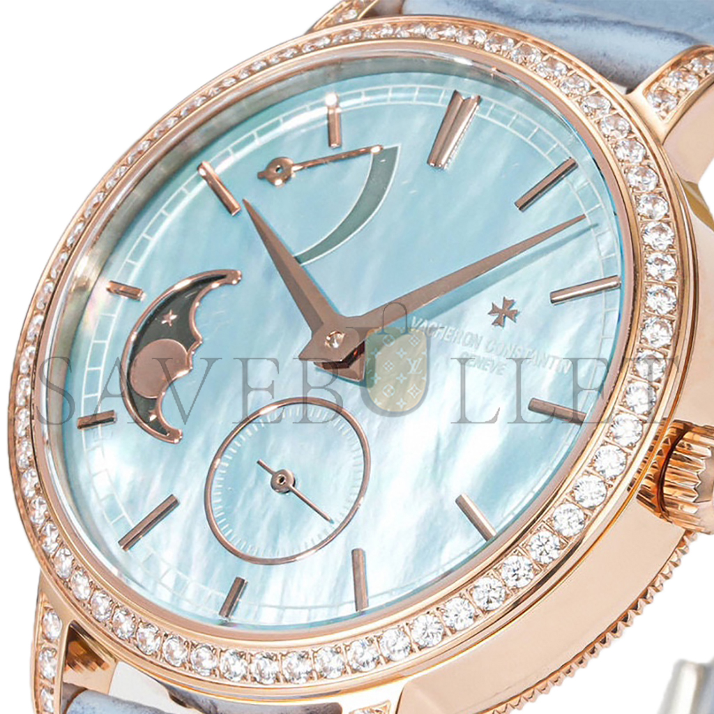 VACHERON CONSTANTIN TRADITIONELLE MOON PHASE BLUE MOP DIAL WITH DIAMOND BEZEL IN PINK GOLD ON BLUE LEATHER STRAP WATCH 83570/000R-9915